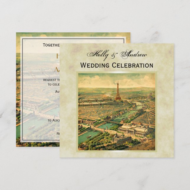 Sq shape:Antique Paris Distressed BG #3 SQ Wedding Invitation (Front/Back)