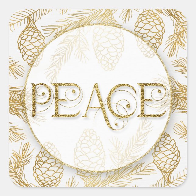 SQ Typographic PEACE Message with Bontanical Pines Square Sticker (Front)