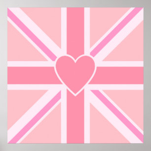 Sqaure Union Jack Flag & Heart Pinks Poster