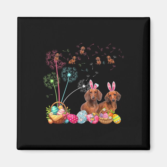 Squad Easter Couple Bunny Dachshunds Dandelions Hu Magnet (Front)