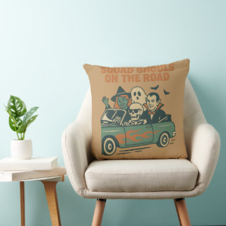 Squad Ghouls On The Road Retro Halloween Throw Pillow