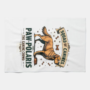 Squad of Canines Vintage Dog Pun Graphic with Gold Kitchen Towel