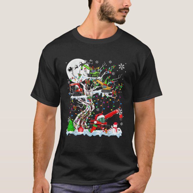 Squad Santa Reindeer Elf Crane Trucks On Xmas Tree T-Shirt (Front)