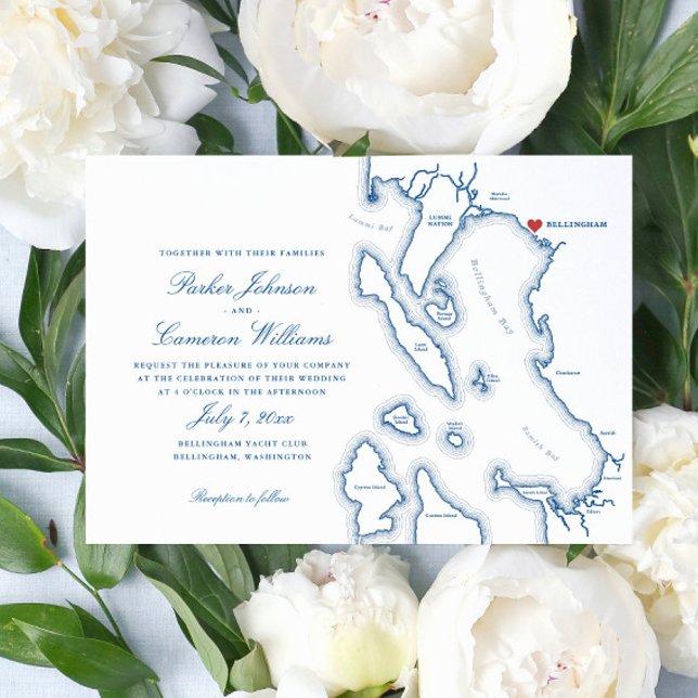 Squalicum Boathouse Bellingham WA Map Wedding Invitation (Elegant Bellingham Washington  Map wedding invitation in navy blue from Coastal Map Designs)