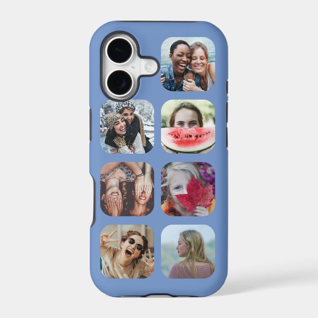 Square 7 Photo Collage Blue Template iPhone Case (Back)