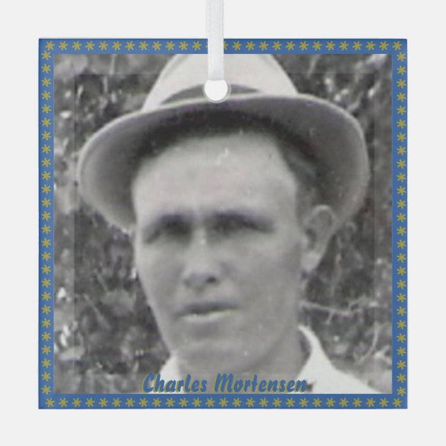 Square Ancestor Photo and Name with Blue and Gold  Glass Ornament (Front)