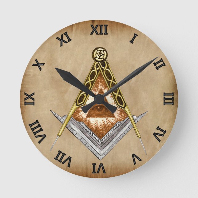 Square and Compass with All Seeing Eye Round Clock (Front)