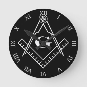 Square and Compass with inset G (White) Round Clock
