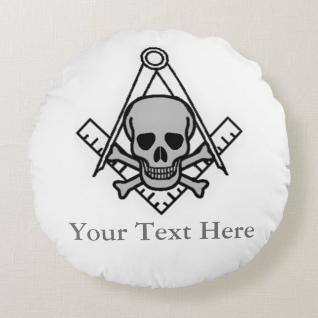 Square and Compass with Inset Skull Round Pillow (Front)