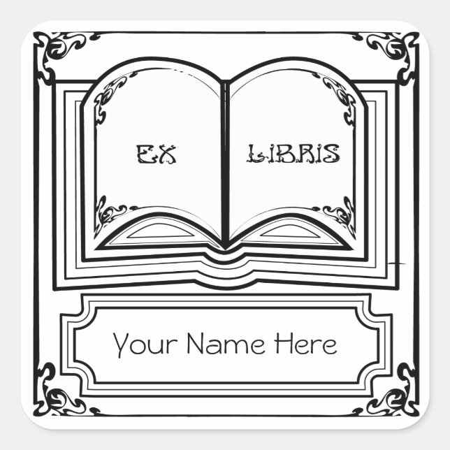 Square Art Deco Bookplate Ex Libris in Black Square Sticker (Front)