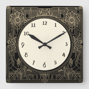Square Art Deco Clock in Black and Beige Gold