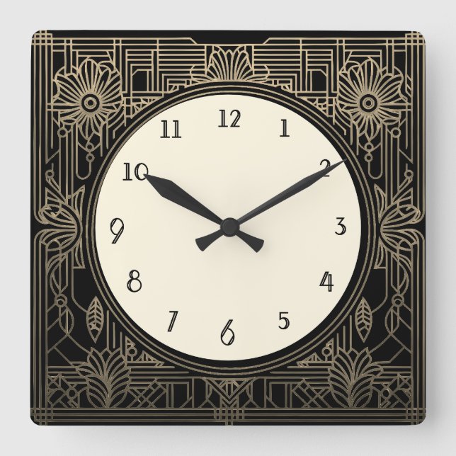 Square Art Deco Clock in Black and Beige Gold (Front)