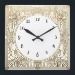Square Art Deco Clock in Cream White and Gold<br><div class="desc">art deco clock, art nouveau clock, gold cream white, 1920s square, stylish sophisticated 1920 style, retro vintage antique, old fashioned fancy, faux golden line art, simple minimalist square clock, minimal elegant pattern design</div>