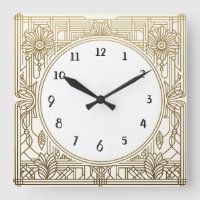 Square Art Deco Clock in Cream White and Gold