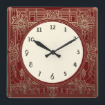 Square Art Deco Clock in Dark Red and Gold<br><div class="desc">art deco clock, art nouveau clock, gold cream, 1920s square, stylish sophisticated 1920 style, retro vintage antique, old fashioned fancy, faux golden line art, simple minimalist square clock, minimal elegant pattern design</div>