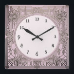 Square Art Deco Clock in Pink<br><div class="desc">art deco clock, art nouveau clock, 1920s square, stylish sophisticated 1920 style, retro vintage antique, old fashioned fancy, faux golden line art, simple minimalist square clock, minimal elegant pattern design</div>