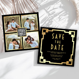Square Art Deco Frame Black Gold QR Code Wedding Save The Date