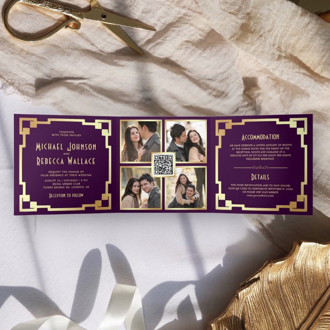 Square Art Deco Frame Purple Gold QR Code Wedding Tri-Fold Invitation (Creator Uploaded)