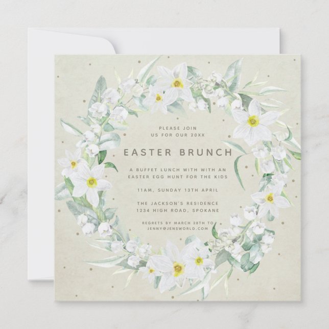 Square Beige + White Floral Wreath Easter Brunch Invitation (Front)
