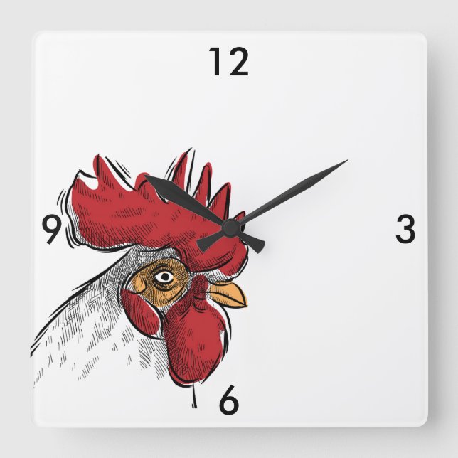 Square Black and White Chicken Head Clock (Front)