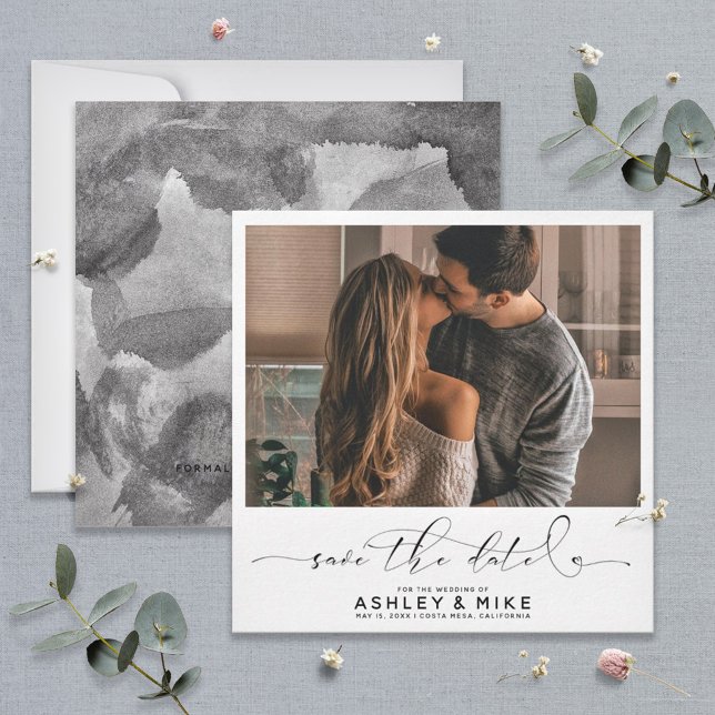Square Black Calligraphy Script Photo Wedding Save The Date (Creator Uploaded)