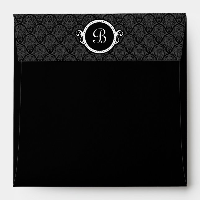 Square Black Damask Flap Monogram Envelopes (Back (Top Flap))