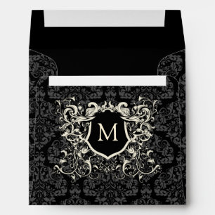 Square Black Grey Grey Damask Monogram Envelopes