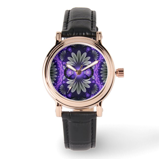 Square black leather watch w/purple fractal face (Front)