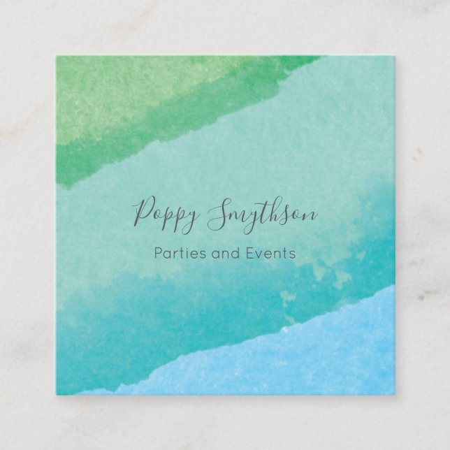 Square Blue and Green Modern Watercolor Business Card (Front)