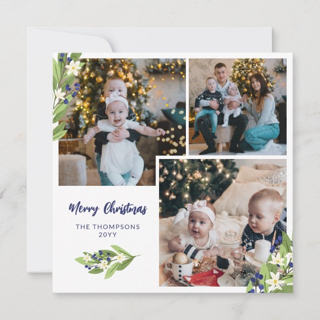 Square Blue Berries Photo Collage Merry Christmas Holiday Card (Front)