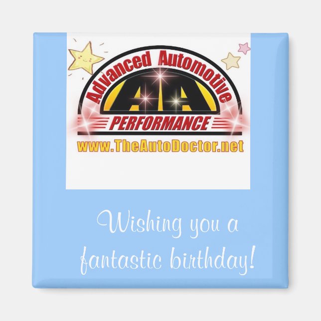 square blue birthday magnet from Advanced Auto (Front)