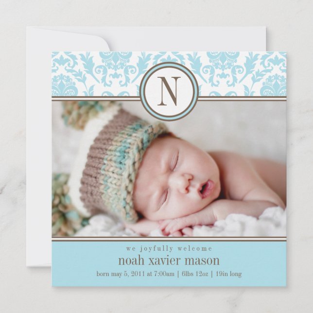 Square Blue Damask | Birth Announcement (Front)