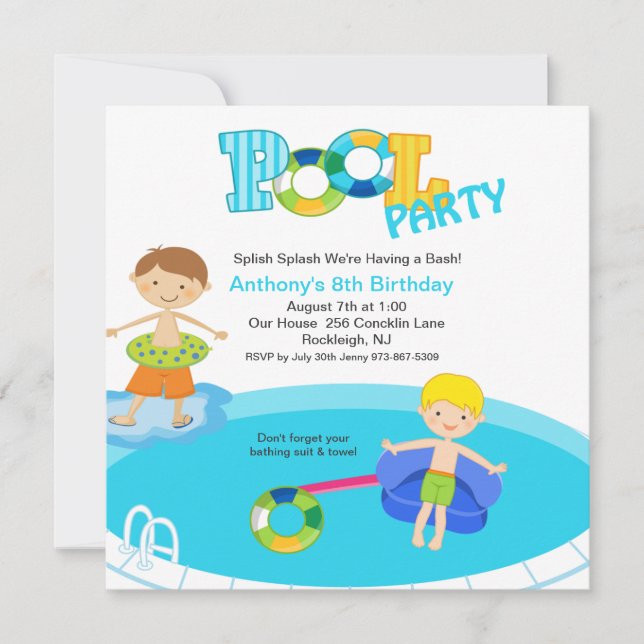 Square Blue Pool Party Boys Birthday Invitation (Front)