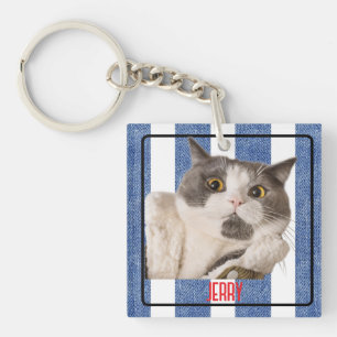 Square Blue Red White Nautical Stripes Pet Acrylic Keychain