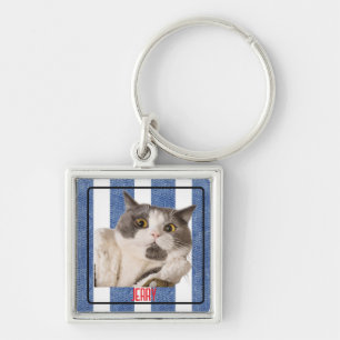 Square Blue Red White Nautical Stripes Pet Metal Keychain