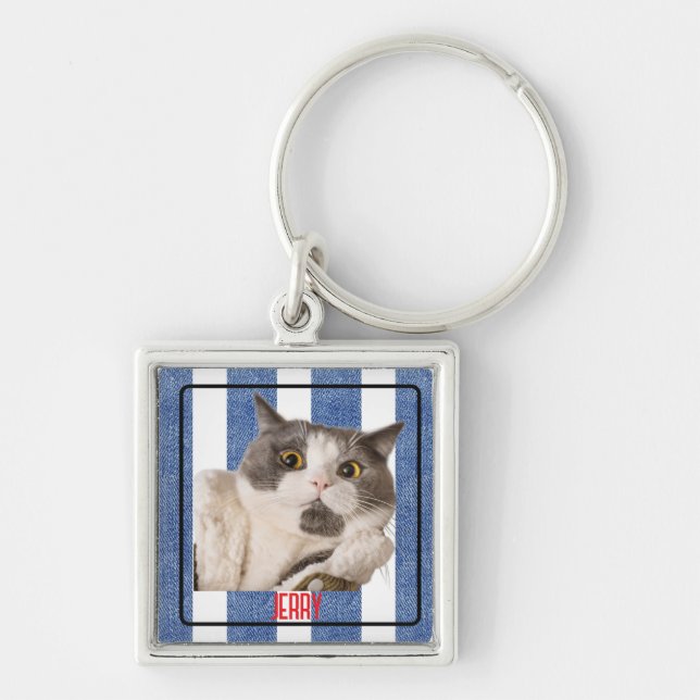Square Blue Red White Nautical Stripes Pet Metal Keychain (Front)