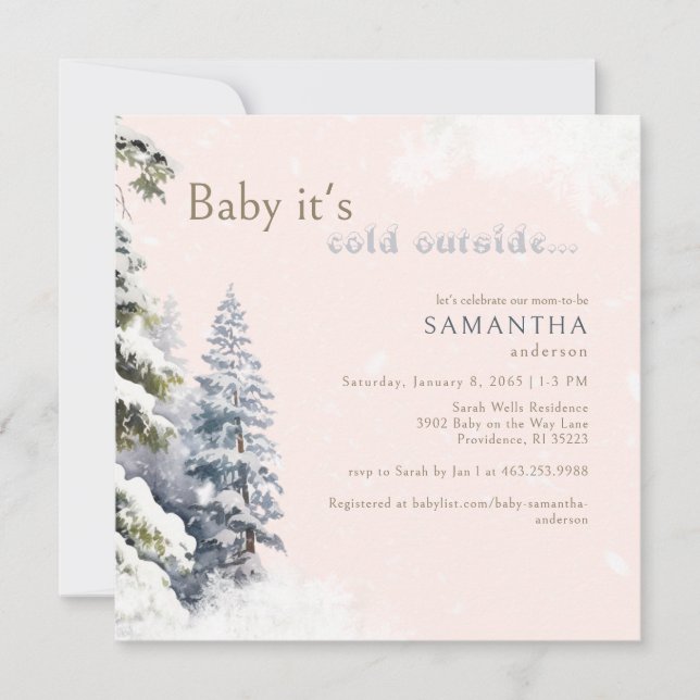 Square Blush Winter Baby It's Cold Outside Shower Invitation (Front)