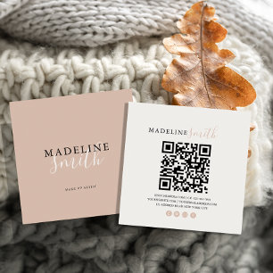Square Boho Beige Script QR code Square Business Card