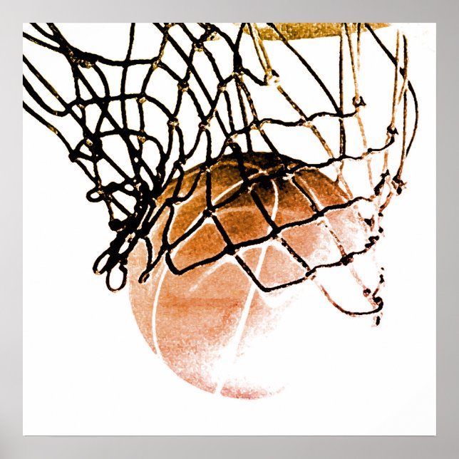 Square Brown Basketball Ball & Net Print Poster (Front)