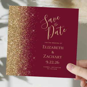 Square Burgundy Red Gold Glitter Save the Date Announcement