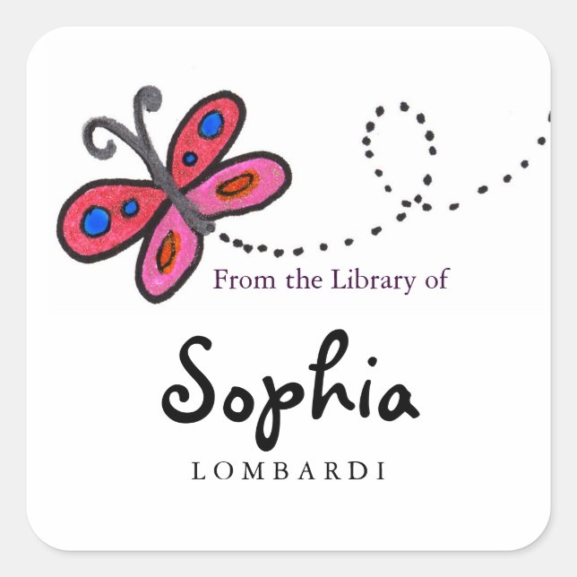 Square Butterfly Bookplates Sticker (Front)