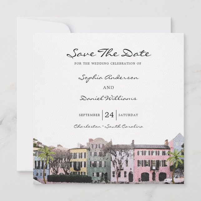 Square Charleston Rainbow Row Save The Date Invitation (Front)