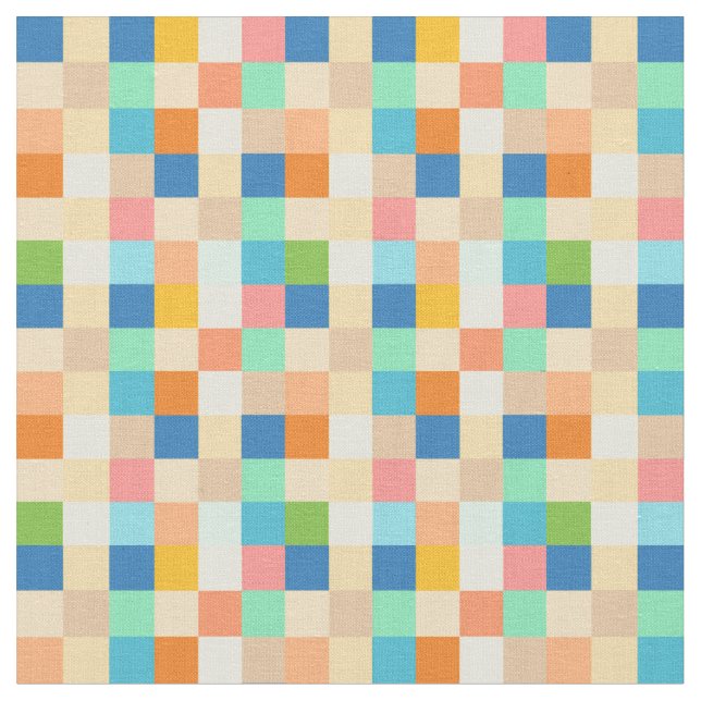 Square Chequerboard Multicolor Bright Rainbow Fabric (Close Up)