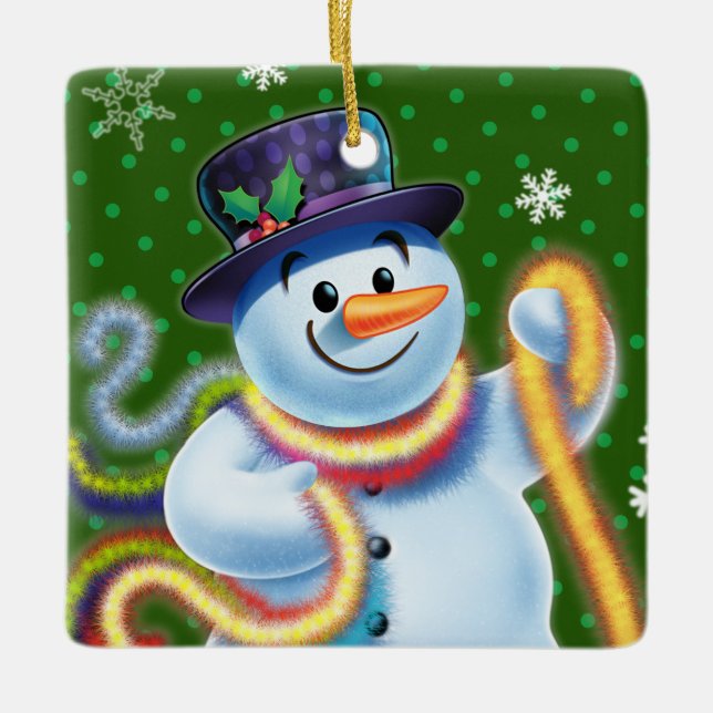 Square Christmas tree decoration Snowman & tinsel. (Front)