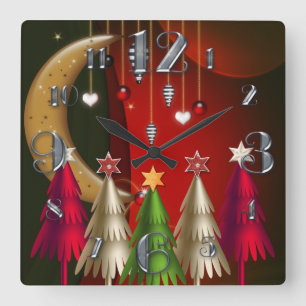 Square Christmas Trees and Baubles Clock