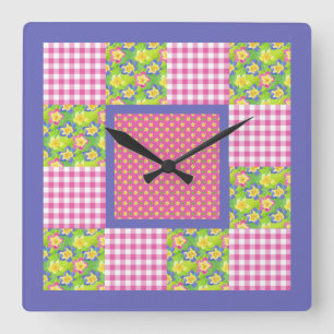Square Clock: Pink: Primroses, Polka Dots, Gingham Square Wall Clock