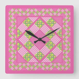 Square Clock: Pink: Primroses, Polka Dots, Gingham Wall Clock