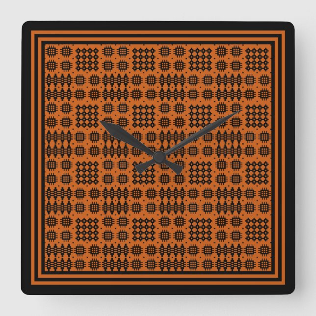Square Clock: Welsh Tapestry Pattern: Terracotta Wall Clock (Front)