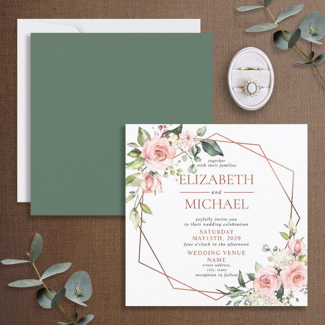 Square Copper Geometric Floral Eucalyptus Wedding Invitation (Creator Uploaded)