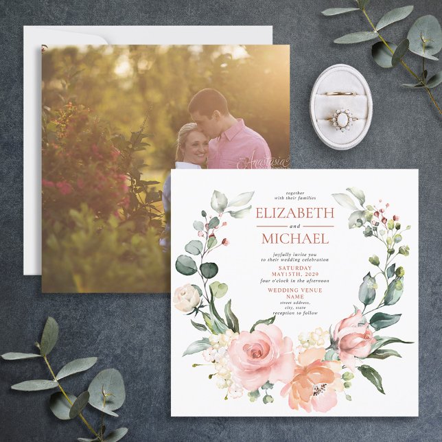 Square Copper Peach Pink Floral Wreath Photo Invitation (Creator Uploaded)